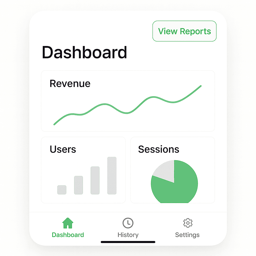 Mobile business dashboard application with analytics and KPI tracking for on-the-go insights