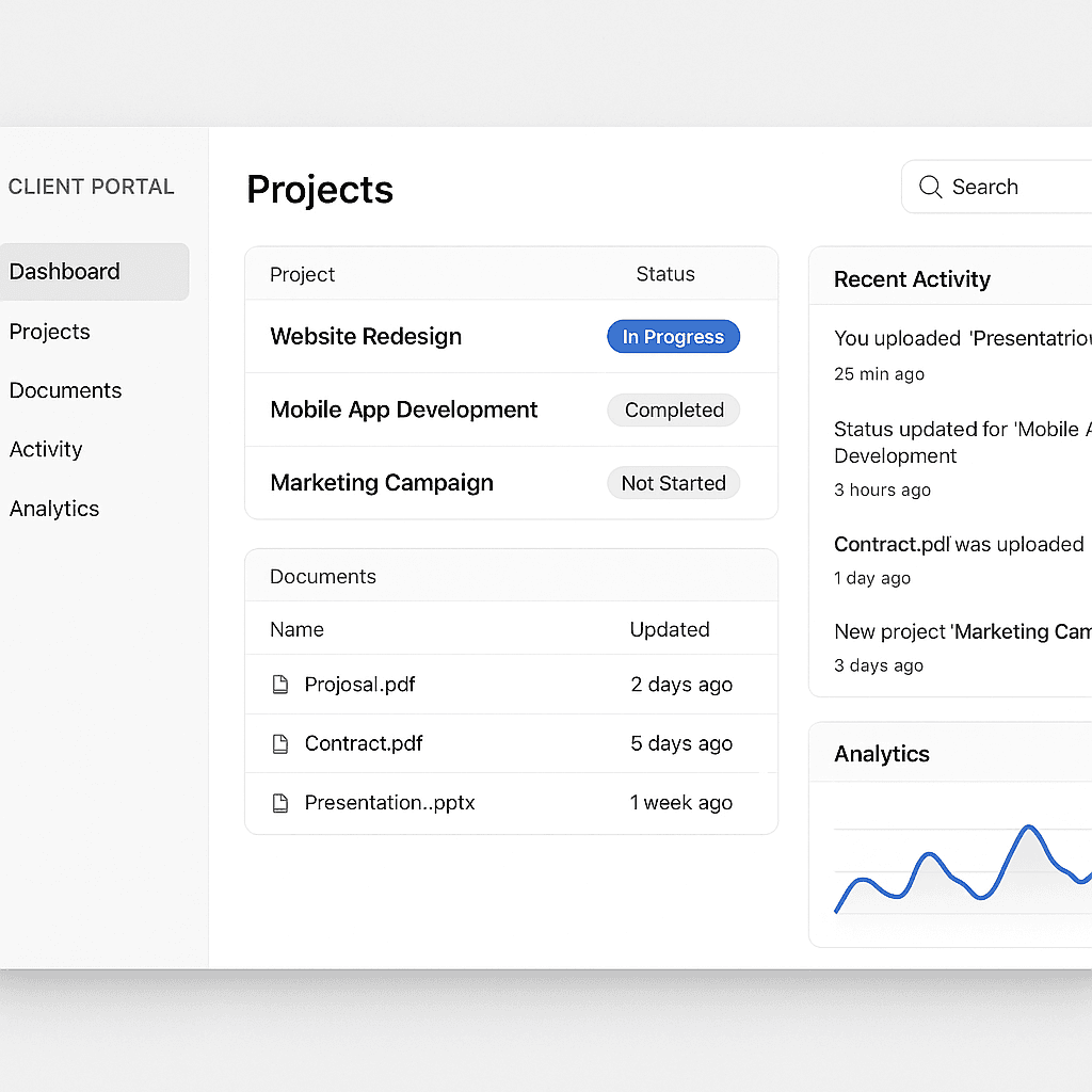 Custom web application project management interface with task tracking and team collaboration features built by Internyl Consulting