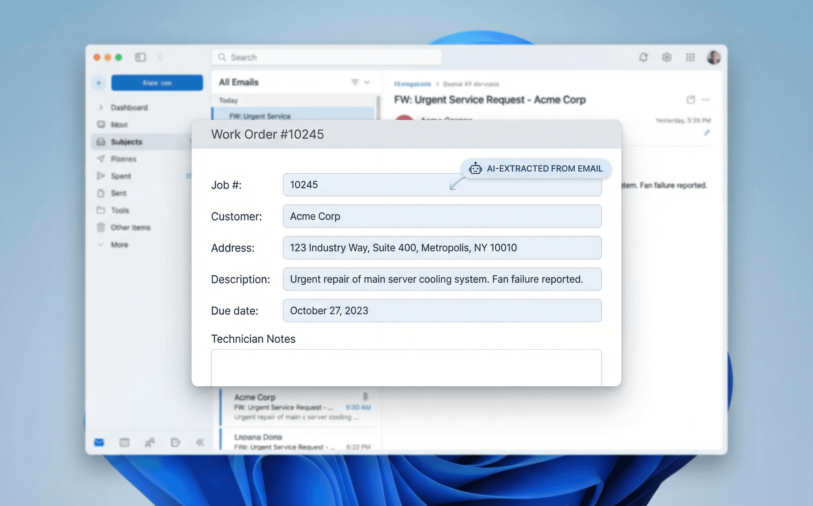 Work order details extracted and populated by AI