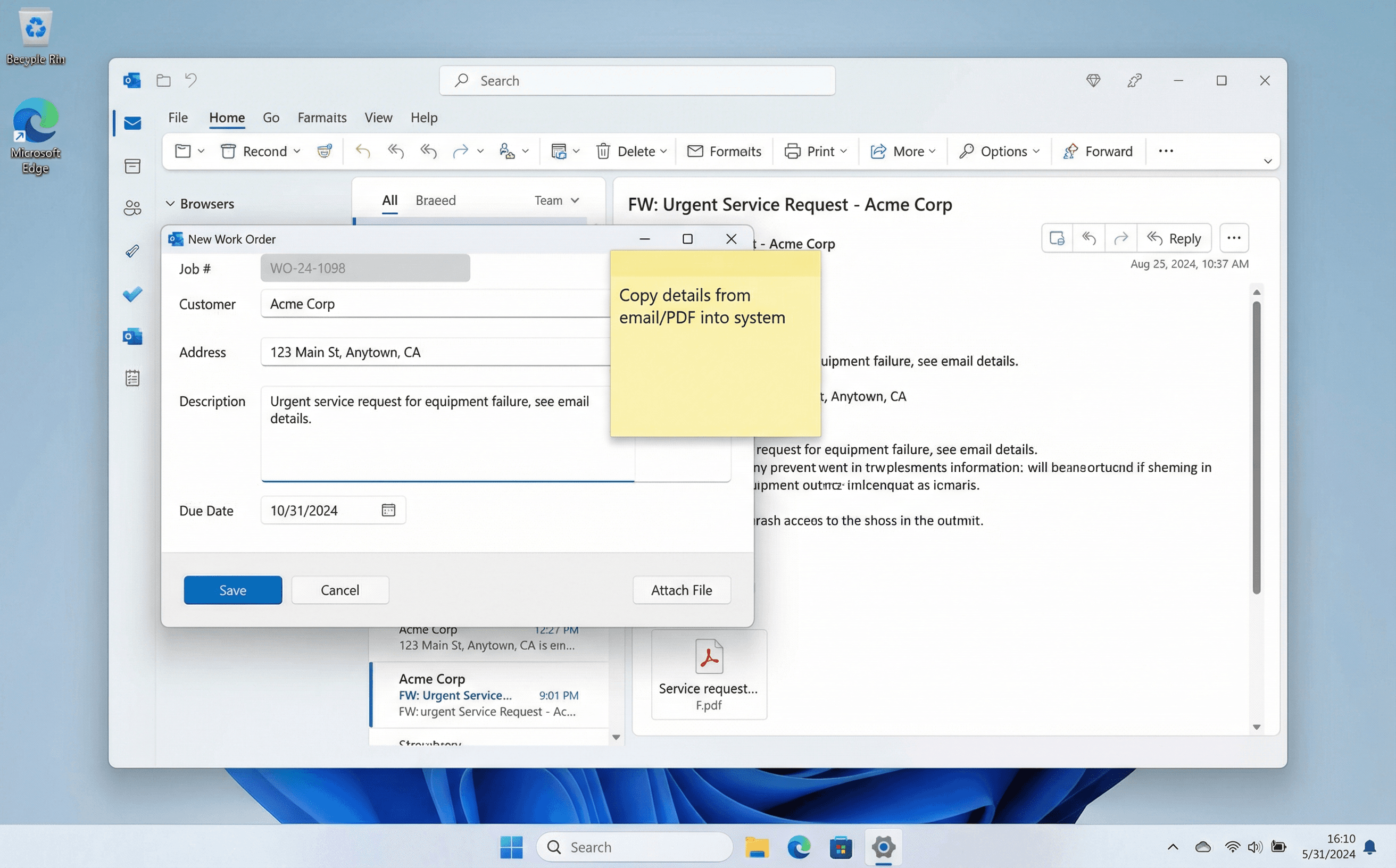 Manual work order entry in a project management tool