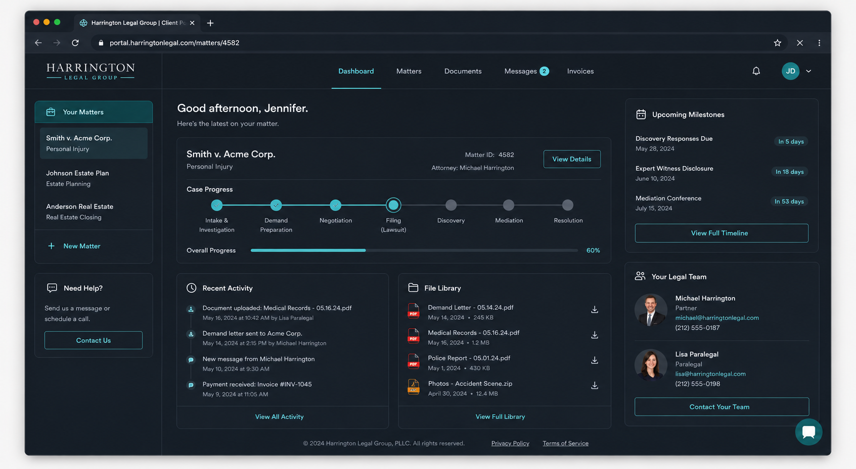 Branded client portal with live status and file access