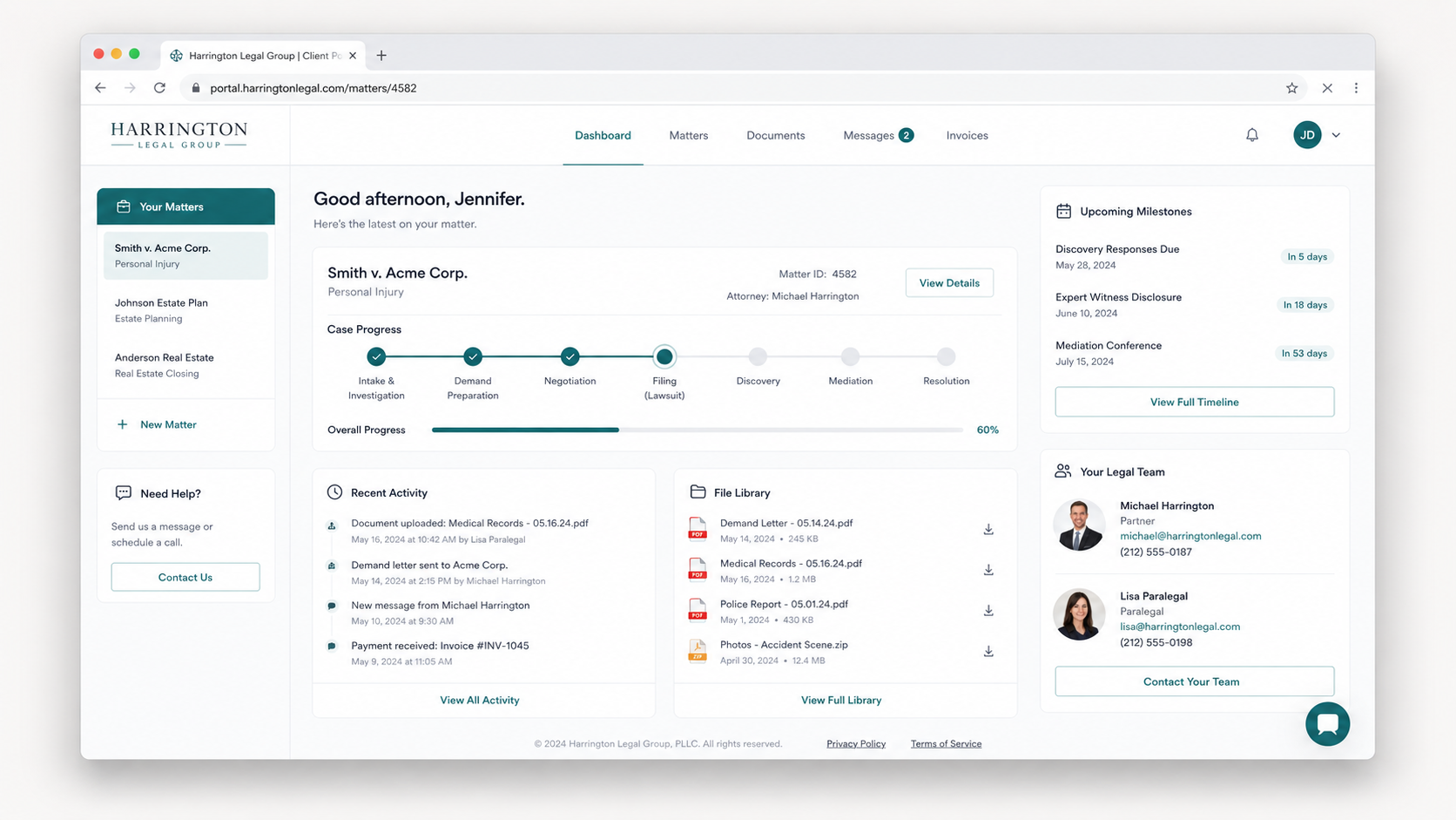 Branded client portal with live status and file access