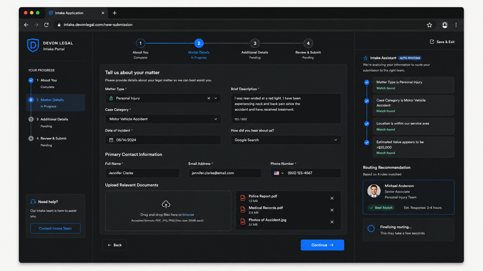 Structured intake form with automatic routing and notifications