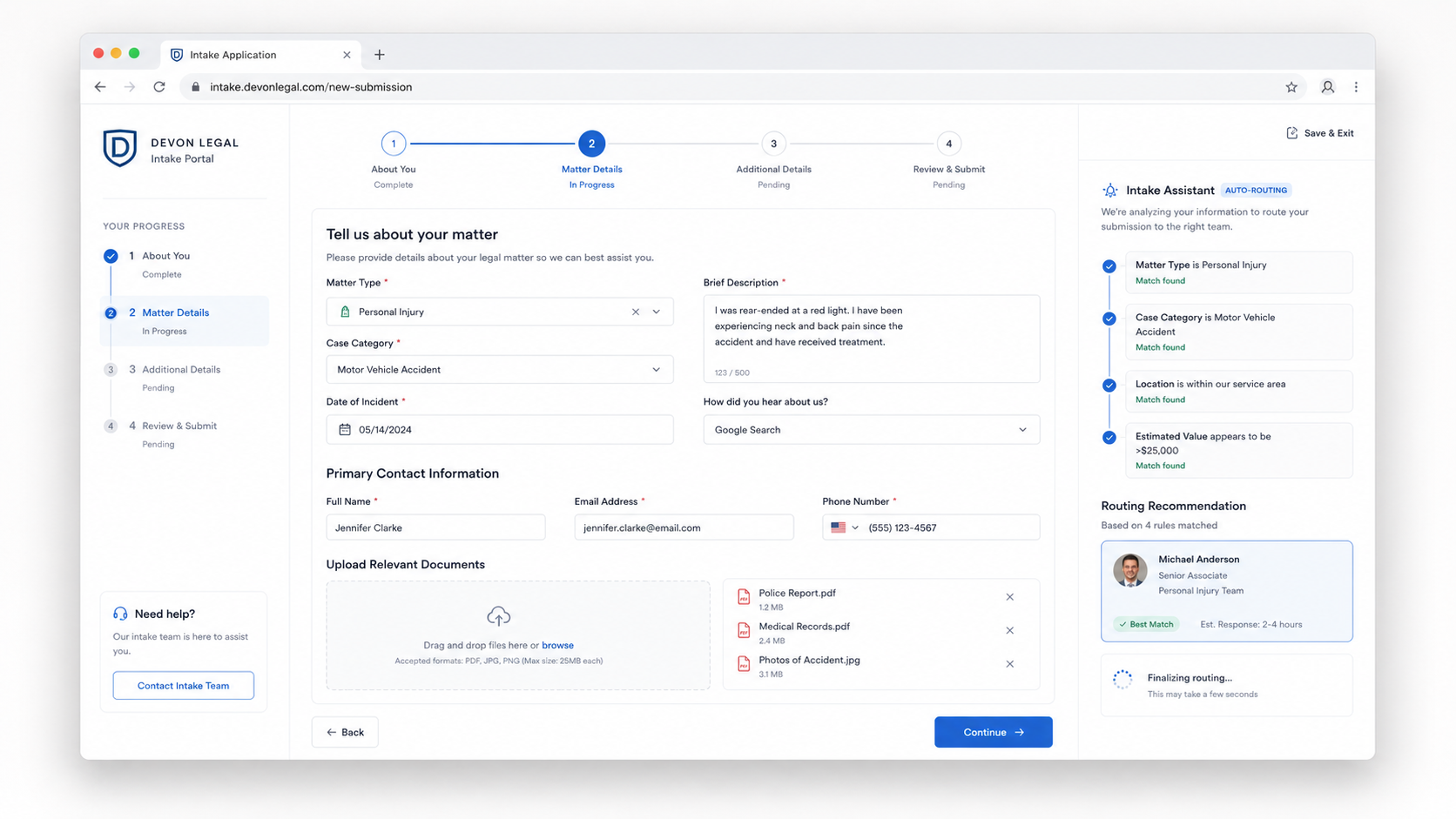 Structured intake form with automatic routing and notifications
